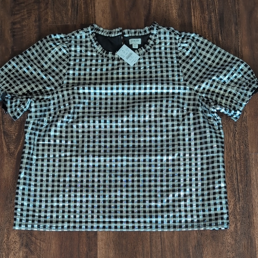 NWT J Crew Metallic Black and White Checkered Blouse